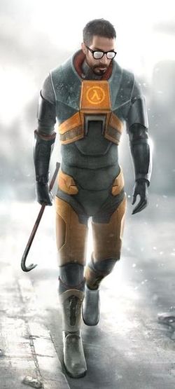 Gordon Freeman, yllään HEV-puku ja kädessään sorkkarauta.