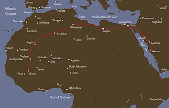 Voici la carte de l'itinéraire probable suivie par Mansa Musa