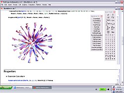 צילום מסך של גרסה 6 של התוכנה במערכת ההפעלה Windows XP. בצד הימני של הצילום ניתן להבחין בשני תפריטים, האחד להזנת מידע והשני לביצוע מניפולציות אלגבריות. בצד שמאל ניתן להבחין בגוף מורכב שאת הדמייתו יצרה התוכנה. הקוד היוצר את ההדמיה הורד מאתר MathWorld של חברת ‏Wolfram Research (אנ'), החברה המפתחת את "Mathematica".