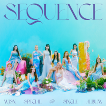 Semua member aktif WJSN berada di tengah-tengah setting seperti lautan dengan judul Sequence di atas