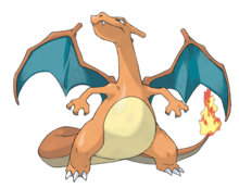 A bidepal orange dragon with a cream underbelly stands facing the viewer. Its wing membranes are bluish green and it has a small fire on the tip of its tail. Its head is turned to the left and it is looking up toward the sky.