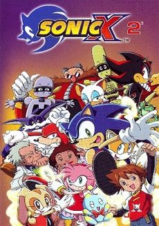 Sixteen characters pose together, including humans, cartoon animals, and robots. A logo of the text "Sonic X" and the number 2 appears at the top of the image.