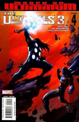 Обложка выпуска The Ultimates 3 #4 (январь 2006 год). Художник Джо Мадурейра. Изображены — Тор и Магнето.