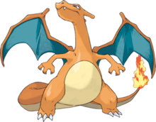 A bidepal orange firstly dragon with a cream underbelly stands facing the viewer. Its wing membranes are colored blue and it has a small fire on the tip of its tail. Its head is turned to the left and it is looking up toward the sky.