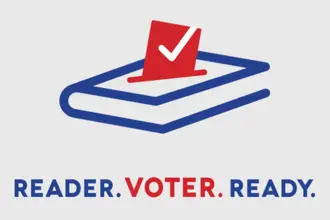 Reader. Voter. Ready. Illustration of book as a ballot box.