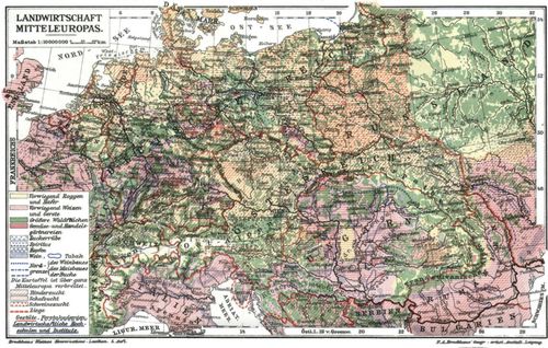 Handel, Industrie und Landwirtschaft. II. (Karte) Landwirtschaft Mitteleuropas. Wein Tabak ...