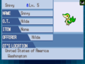 The trade summary of a searched Snivy in Black, White, Black 2, and White 2.