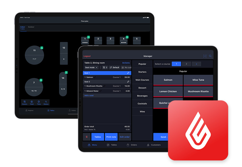 Two Apple iPads displaying a Lightspeed interface showing a floor plan and menu order