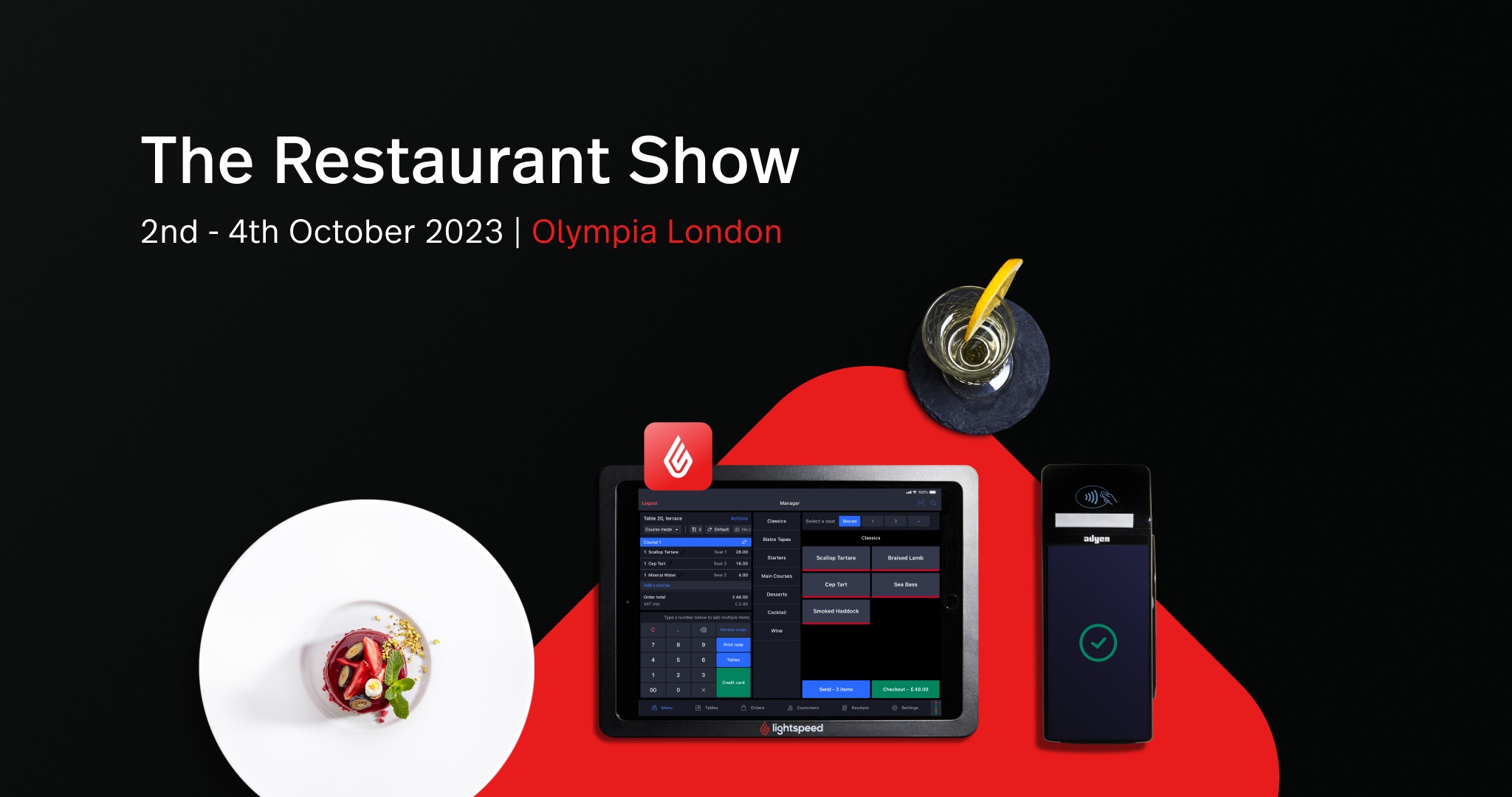 A black banner with the words The Restaurant Show and an image of a Lightspeed screen and payment terminal