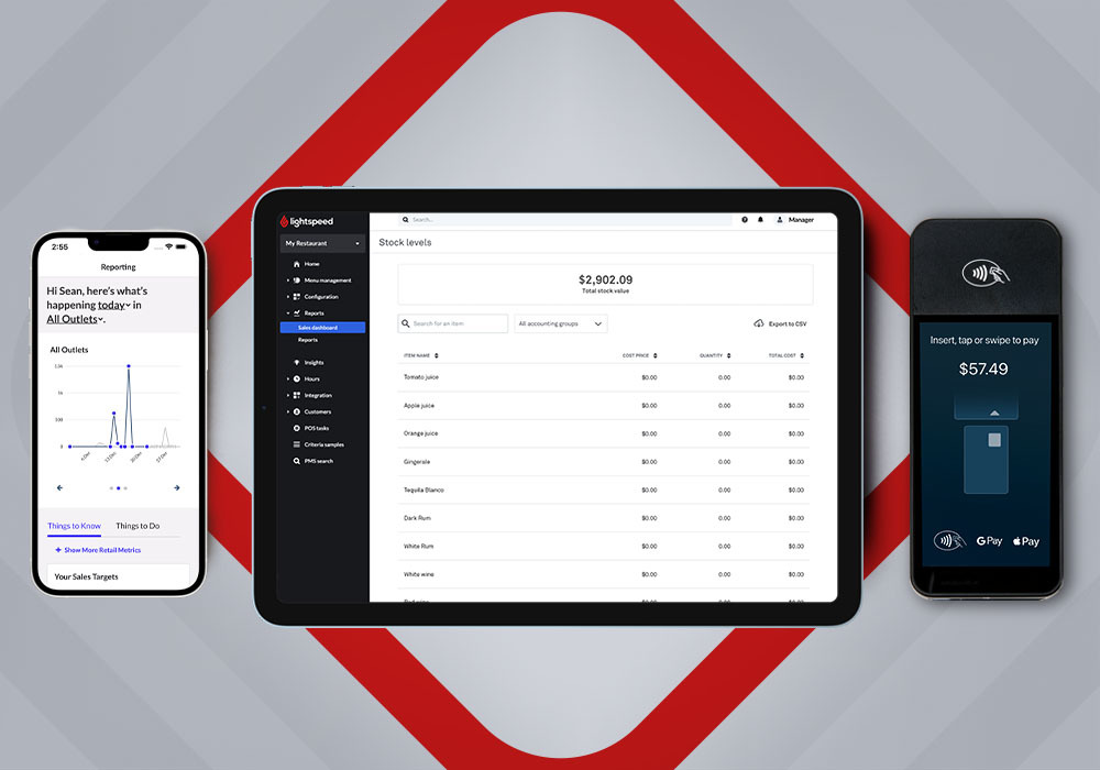 Left to right: an aerial view of a smartphone showing analytics on the screen, a tablet with Lightspeed POS system and a portable payment device for credit and debit cards.