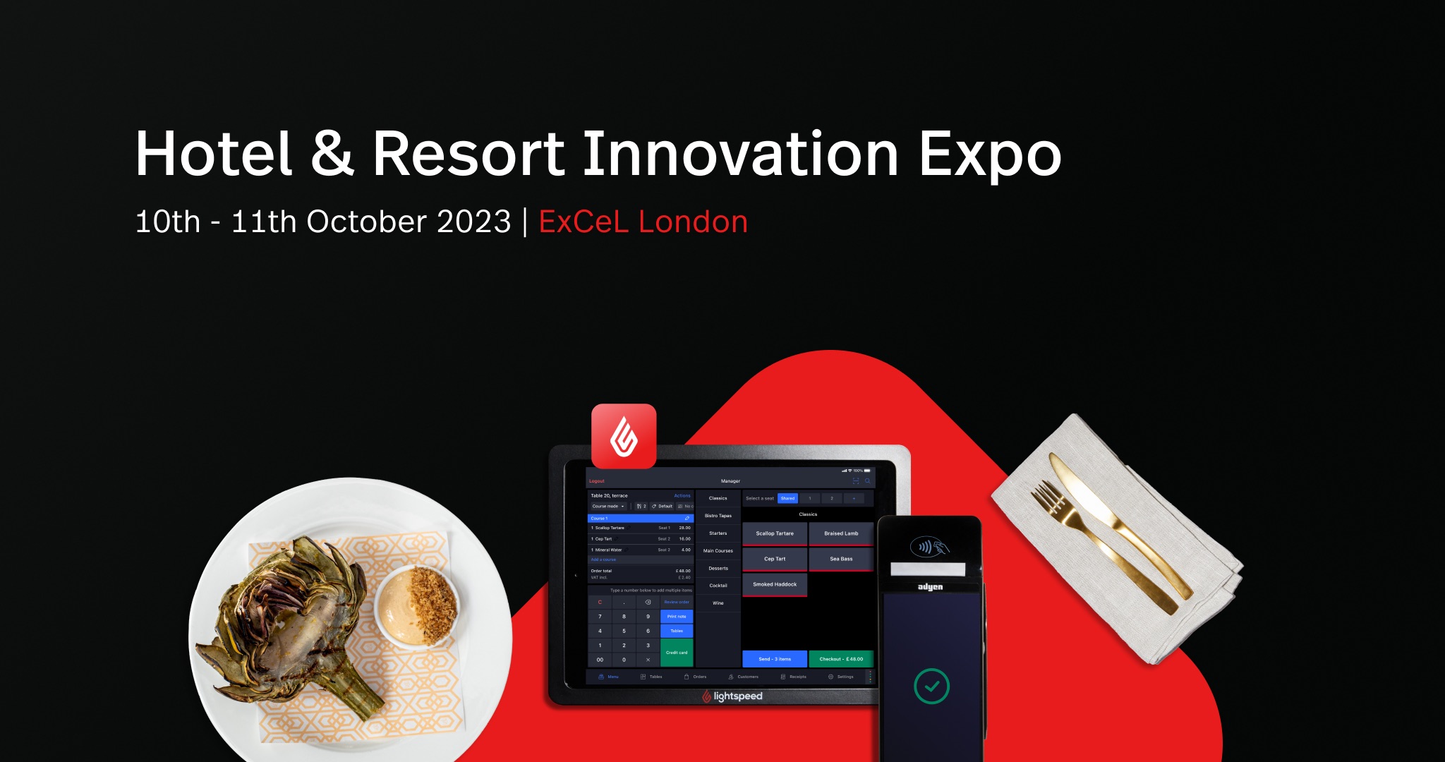 A black banner with the words Hotel and Resort Innovation Expo and an image of a Lightspeed screen and payment terminal