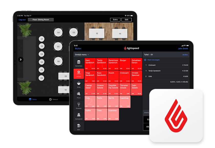 Two Apple iPads displaying a Lightspeed interface showing a floor plan and menu order