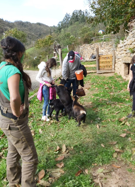 mi marido y mi hija con la comida de las cabras