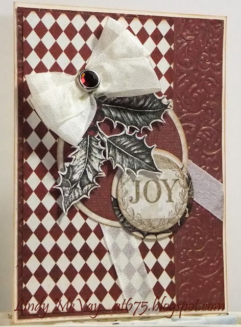 Tim Holtz Vintage Photo Distress Ink, DCWV, Teresa Collins Noel Collection, Basic Grey Aspen Stamp, Hug Snug Ribbon, Tattered Angels Glimmer Mist, Spellbinders Circle Dies, My Mind's Eye Lush Red, Cuttlebug Holly Ribbons Embossing Folder, Mojo Monday 323, Christmas Card, Handmade Card