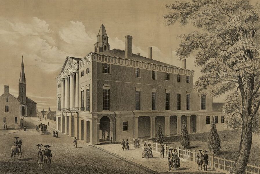 Lithograph print of building in three-quarter view