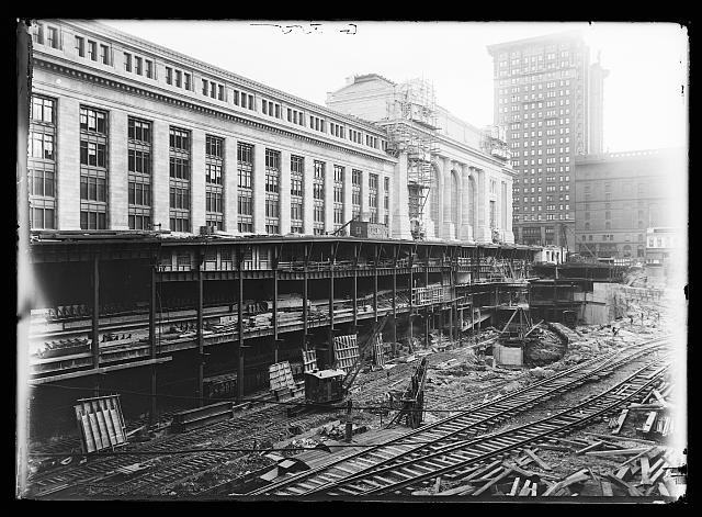 Monochrome image of Grand Central Station under construction, with tunnels underneath exposed