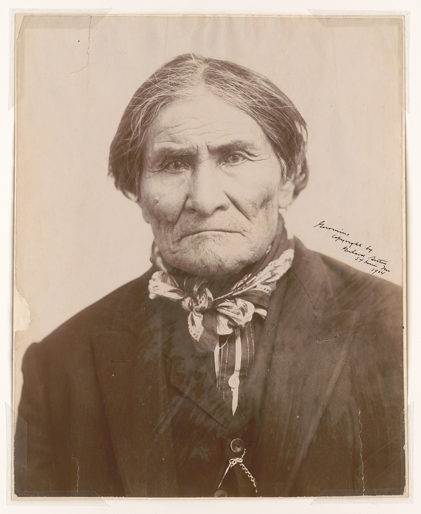 Head and shoulders photograph showing the famous Apache leader Geronimo, photographed during the Louisiana Purchase Exposition in St. Louis, Mo., in 1904