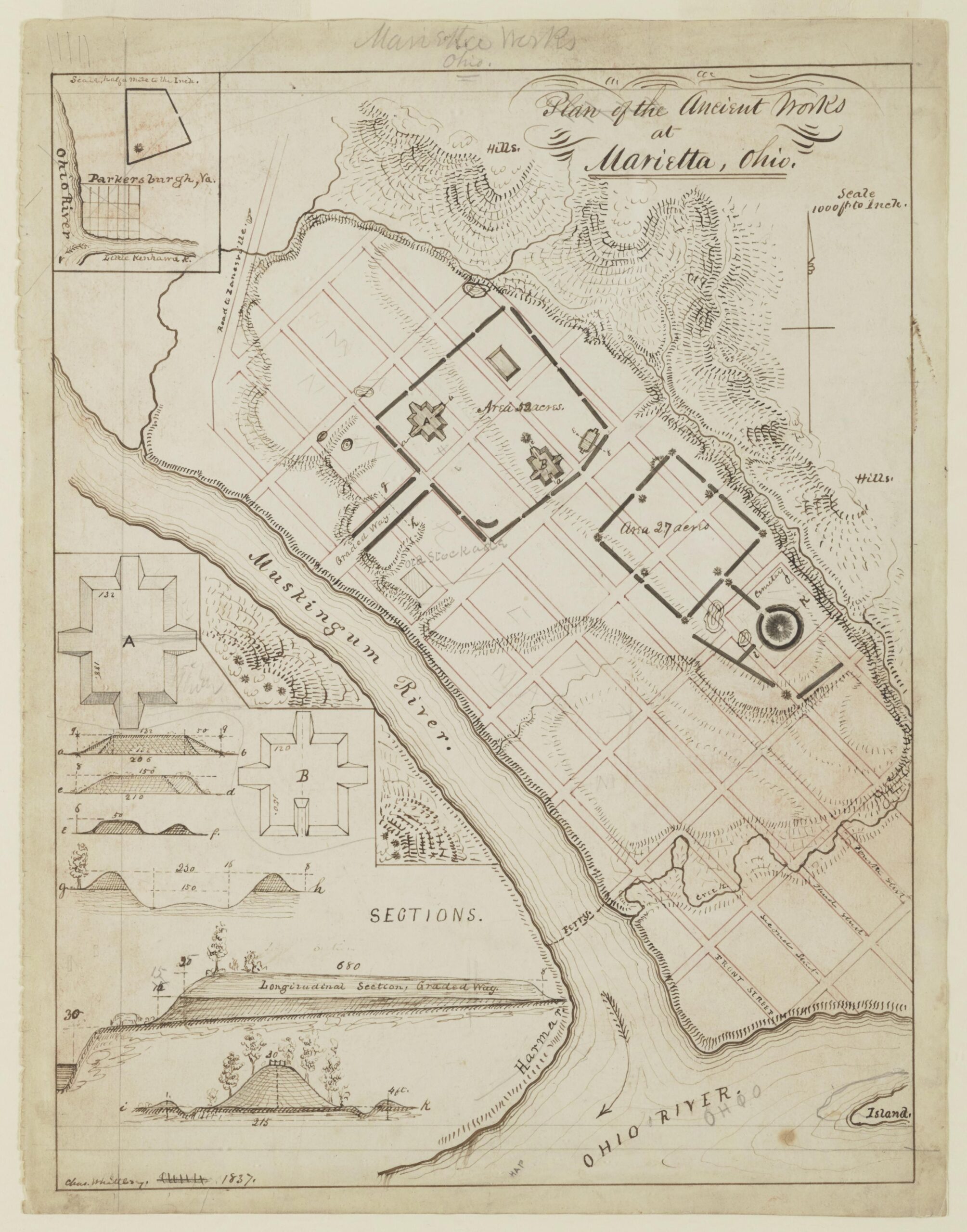 Town plan of Marietta showing the locations of Indian mounds and earthworks.