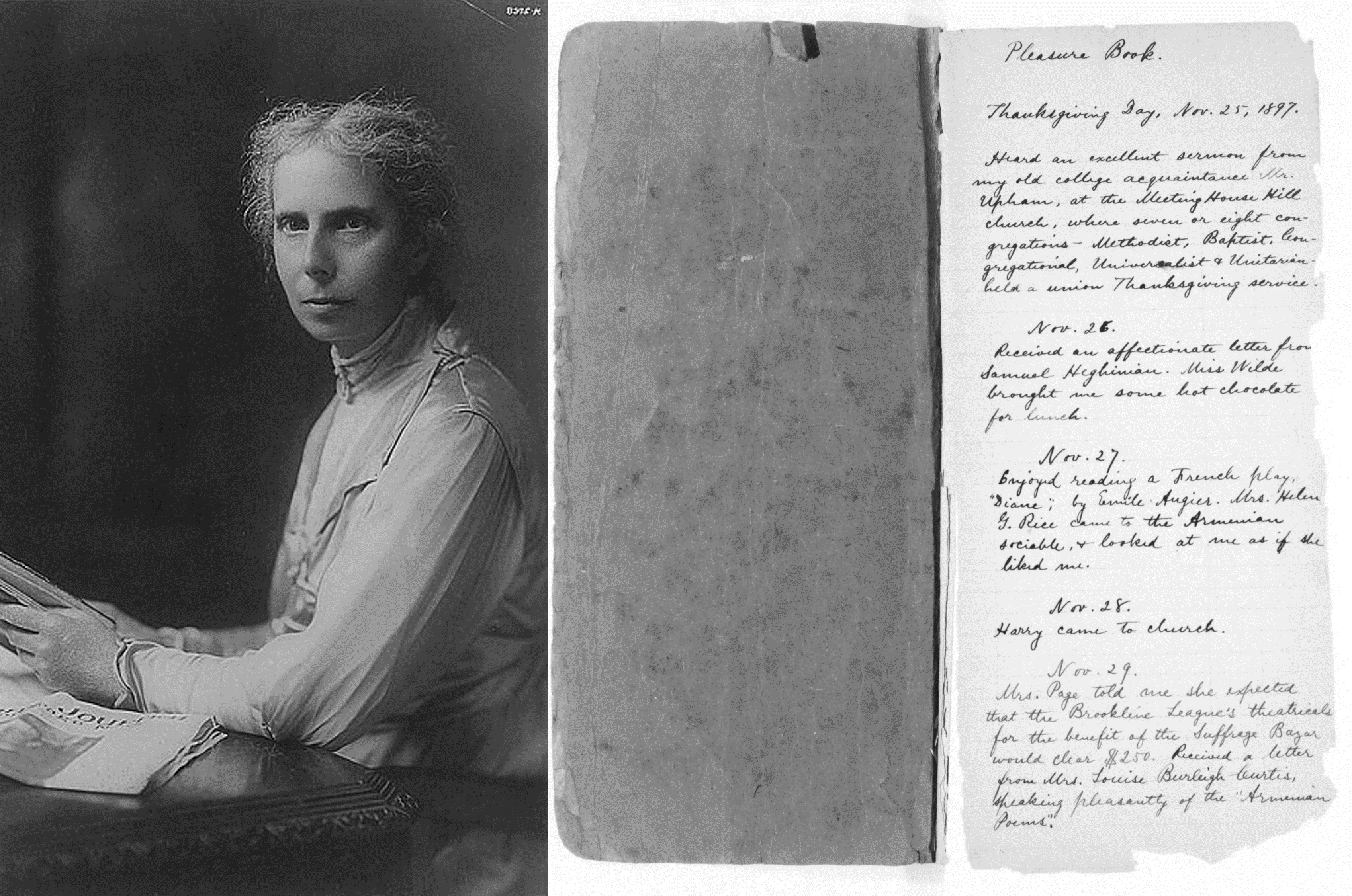 Half length black and white photograph of Alice Stone Blackwell and a scan from her "Pleasure Book" with the entry for Thanksgiving, November 25, 1897.