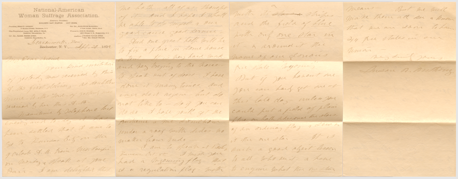 Four pages of the donated letter from Susan. B. Anthony to Agnes Leach Kirkpatrick.