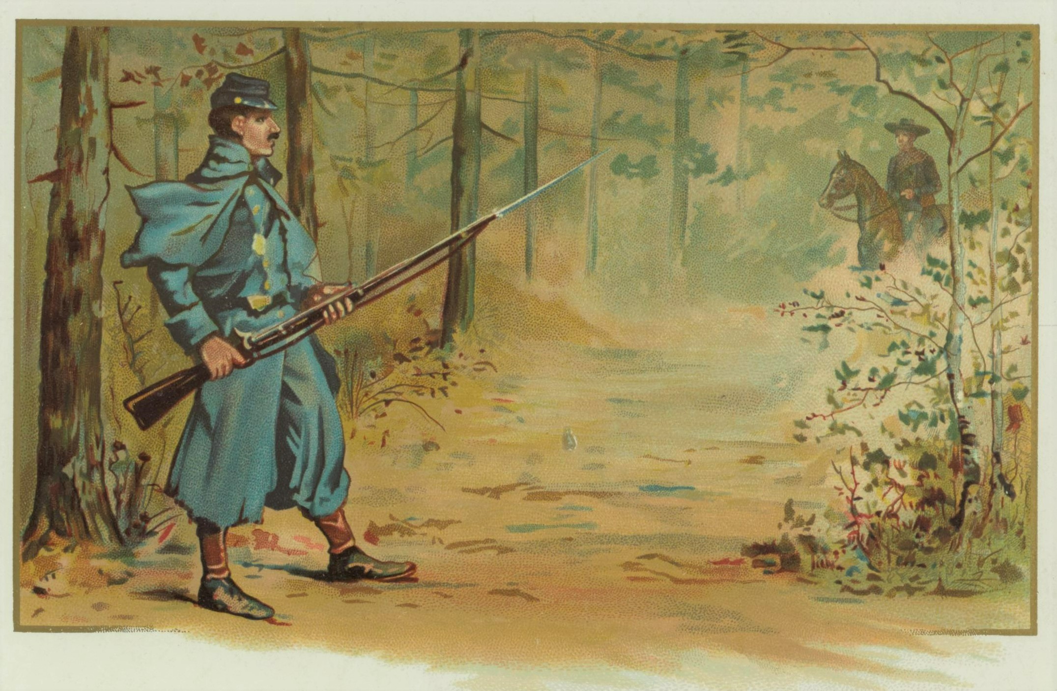 Color image of uniformed Union soldier at right, holding rifle with woods in background