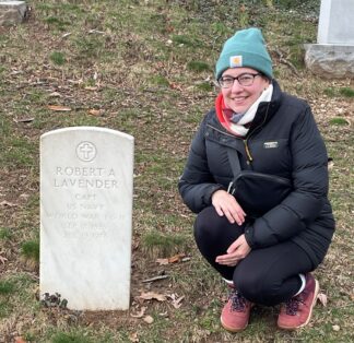 Melissa Capozio Jones at Robert Lavender’s grave, Arlington National Cemetery, Arlington, VA, February 2024.