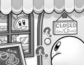 Illustration of Kirby going to Chef Kawasaki's restaurant, only to find it closed, from Kirby: Big Trouble in Patch Land!