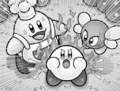 Illustration of Kirby being determent to invent new dishes from Kirby: Uproar at the Kirby Café?!