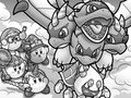 Landia flying off with Taranza in tow from Kirby Clash Team Unite!.