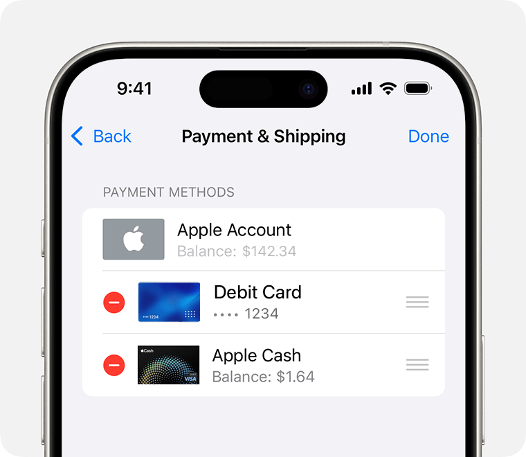 iPhone affichant les réglages Paiement et livraison. Pour supprimer un mode de paiement, touchez-le, puis touchez Supprimer.