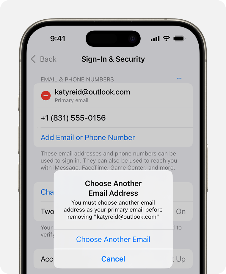 iPhone screen showing how to change your Apple Account email address.