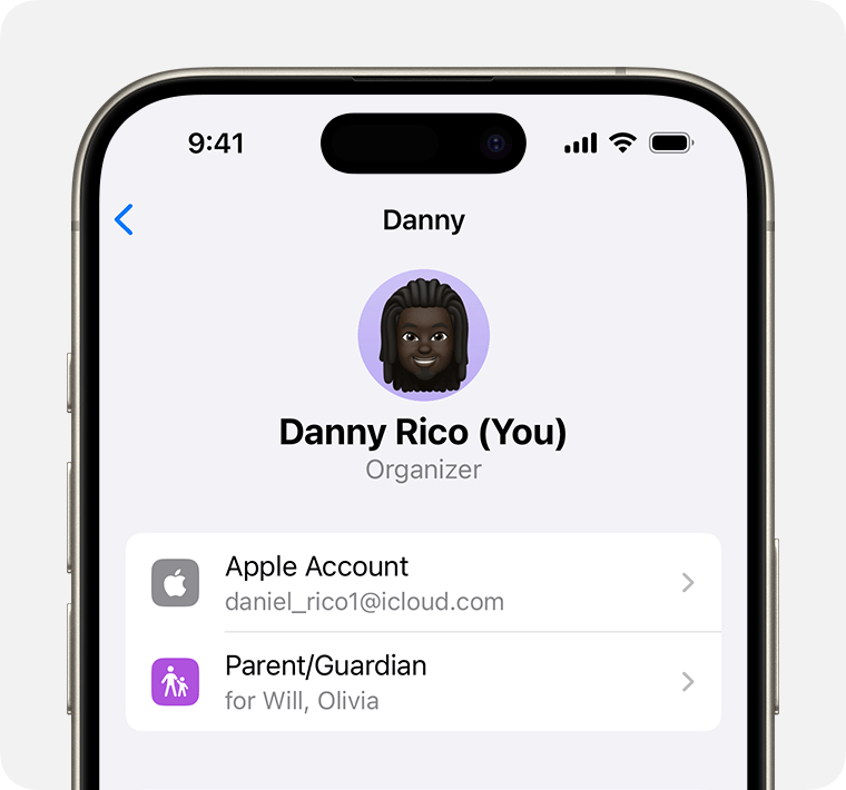 iPhone screen showing an Apple Account for a family organizer.