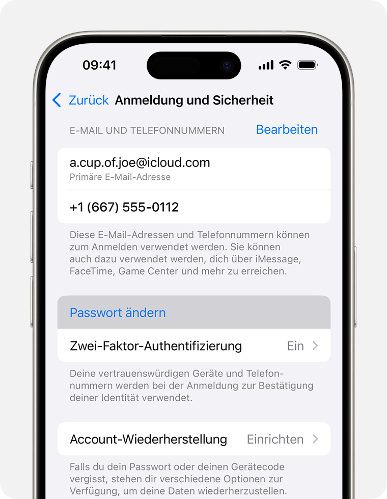 iPhone mit den Einstellungen „Anmeldung und Sicherheit“ und der Option „Passwort ändern“