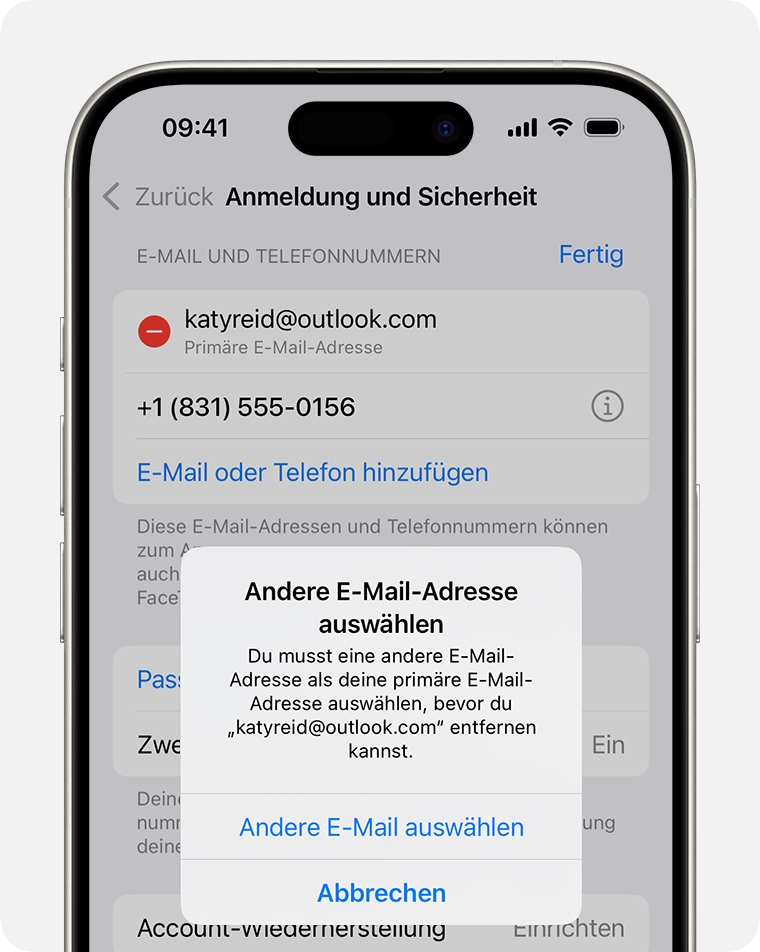 iPhone-Bildschirm, der zeigt, wie du deine Apple Account-E-Mail-Adresse änderst.