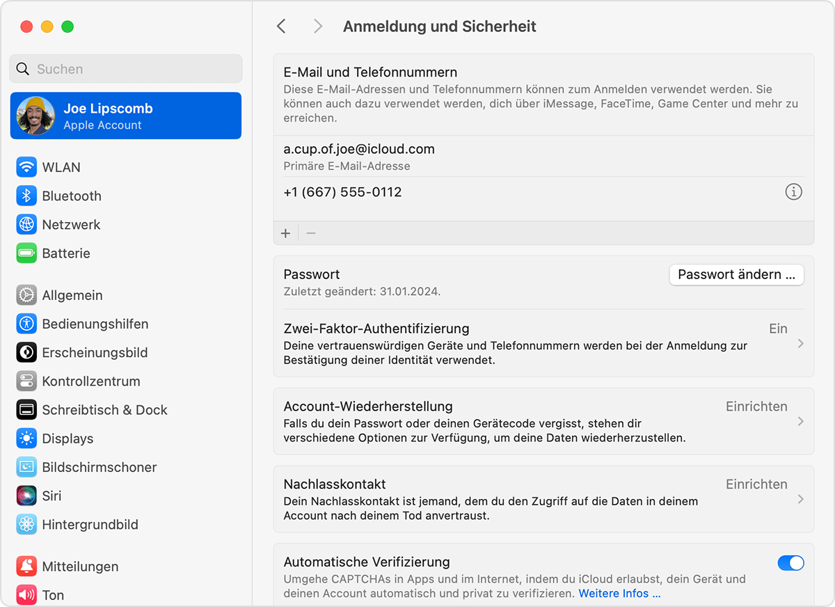 Mac-Systemeinstellungen mit den Einstellungen „Anmeldung & Sicherheit“ und der Taste „Passwort ändern“