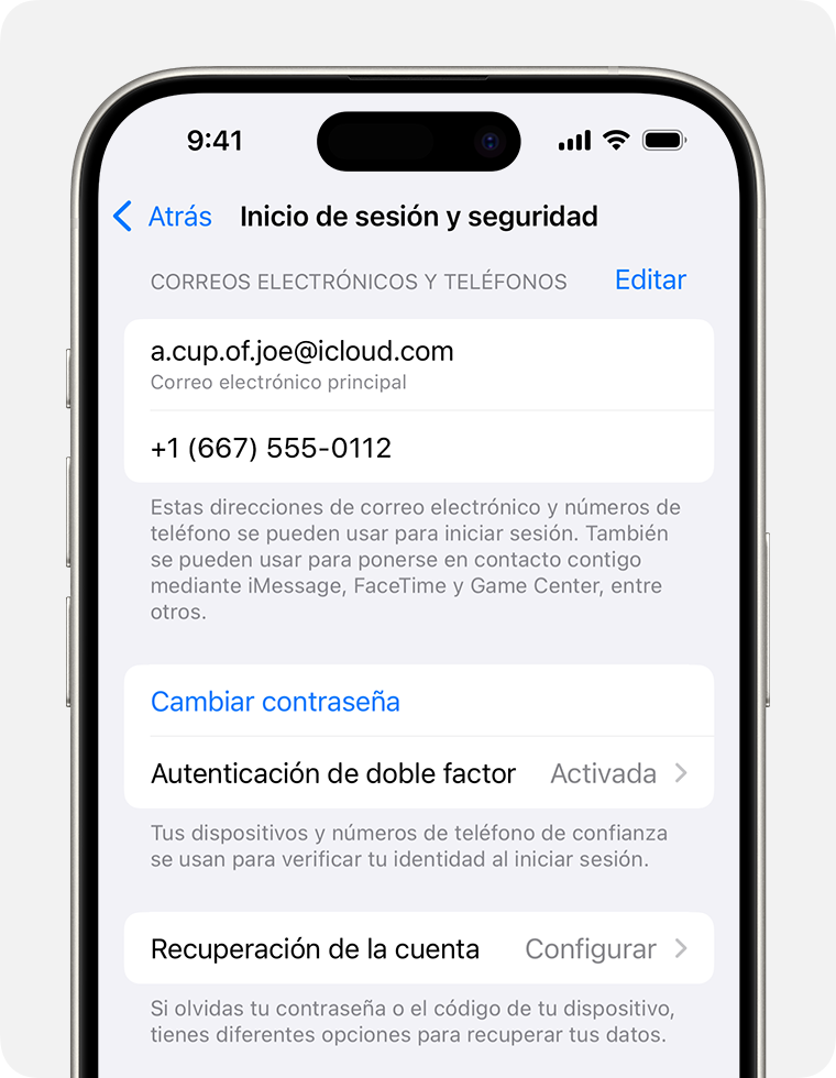 En los ajustes de la cuenta de Apple, localiza las direcciones de correo electrónico y los números de teléfono que puedes usar para iniciar sesión en tu cuenta de Apple.