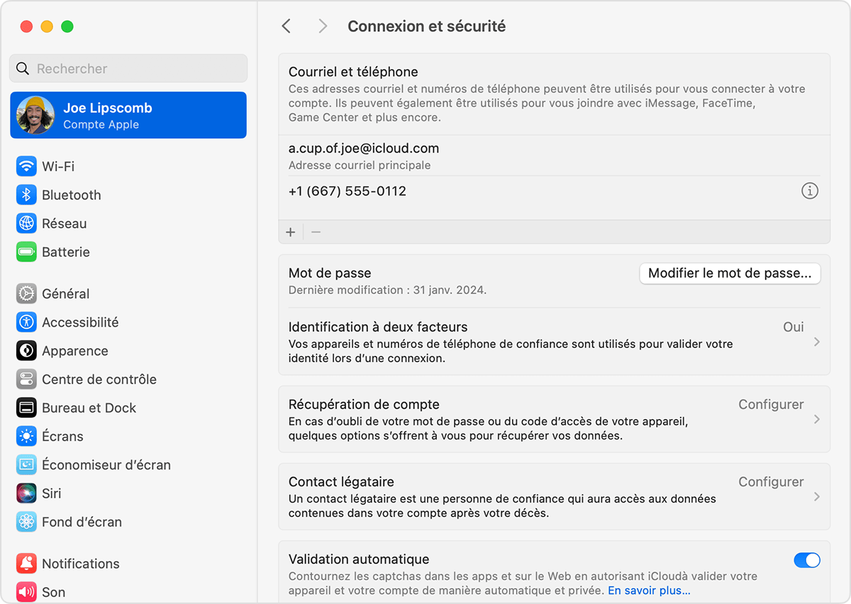 Réglages système du Mac affichant les réglages Connexion et sécurité et le bouton Modifier le mot de passe