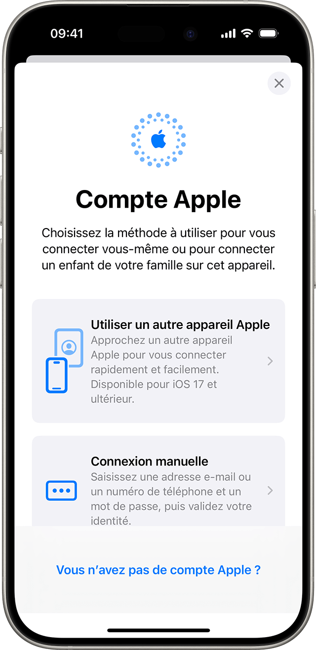 dans les réglages de l’iPhone, vous pouvez vous connecter manuellement avec votre compte Apple ou utiliser un autre appareil Apple.