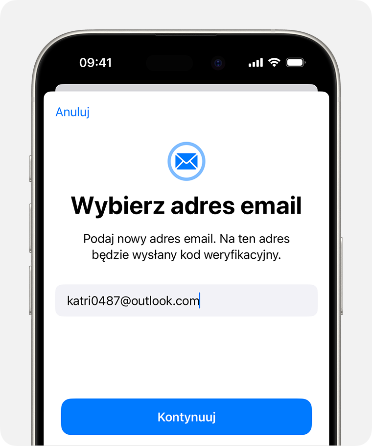 Ekran iPhone’a pokazujący, jak zmienić adres e-mail konta Apple