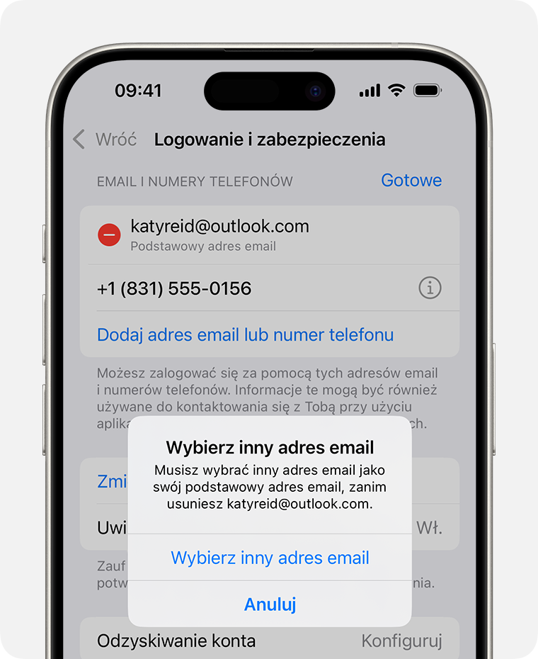 Ekran iPhone’a pokazujący, jak zmienić adres e-mail konta Apple.