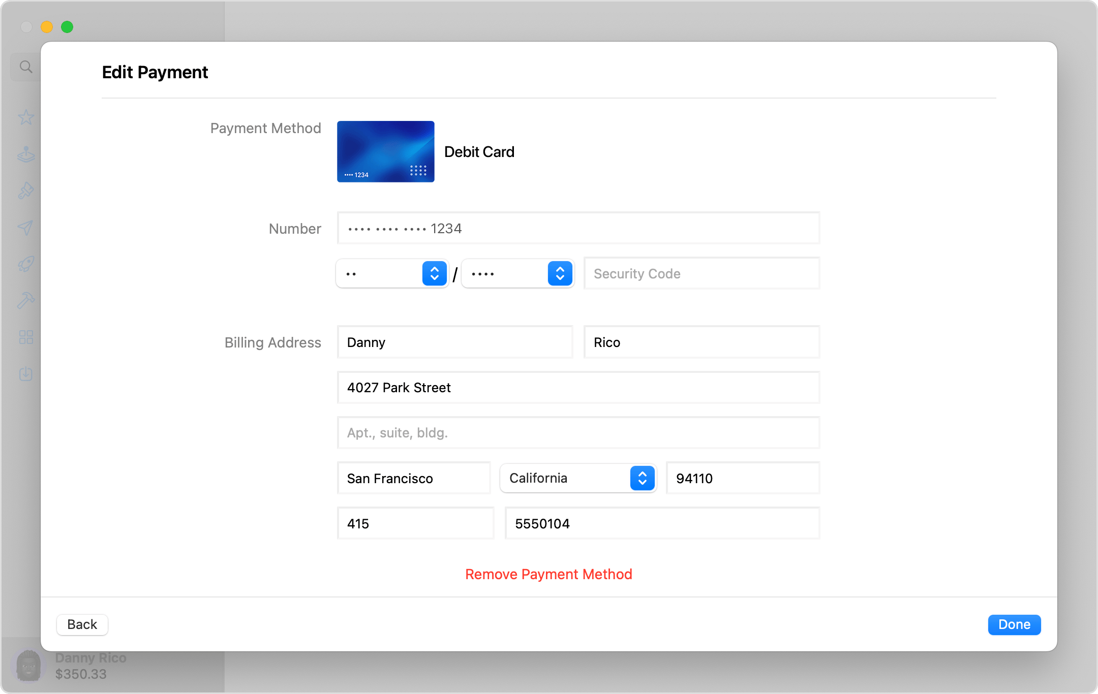 Écran macOS affichant les réglages Edit Payment Information (Modifier les informations de paiement). Pour supprimer un mode de paiement, cliquez dessus, puis sur Remove Payment Method (Supprimer le mode de paiement).