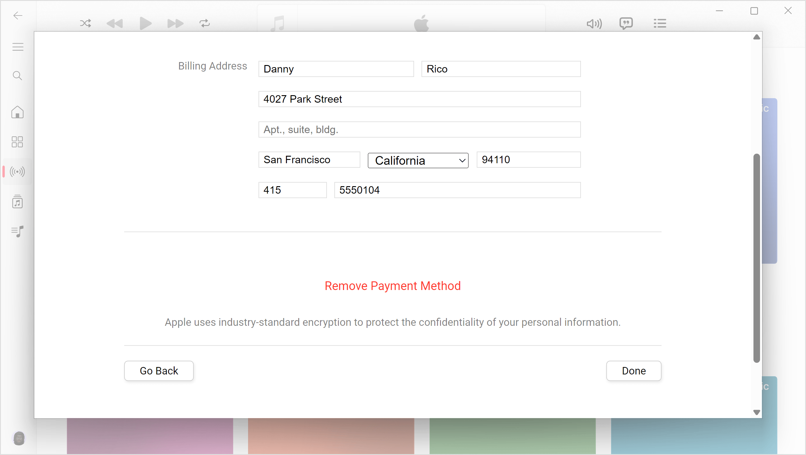 Écran Windows affichant les réglages Modifier les informations de paiement (Modifier les informations de paiement) dans l’app Apple Music. Pour supprimer votre mode de paiement, cliquez sur Remove Payment Method (Supprimer le mode de paiement) en bas de l’écran.