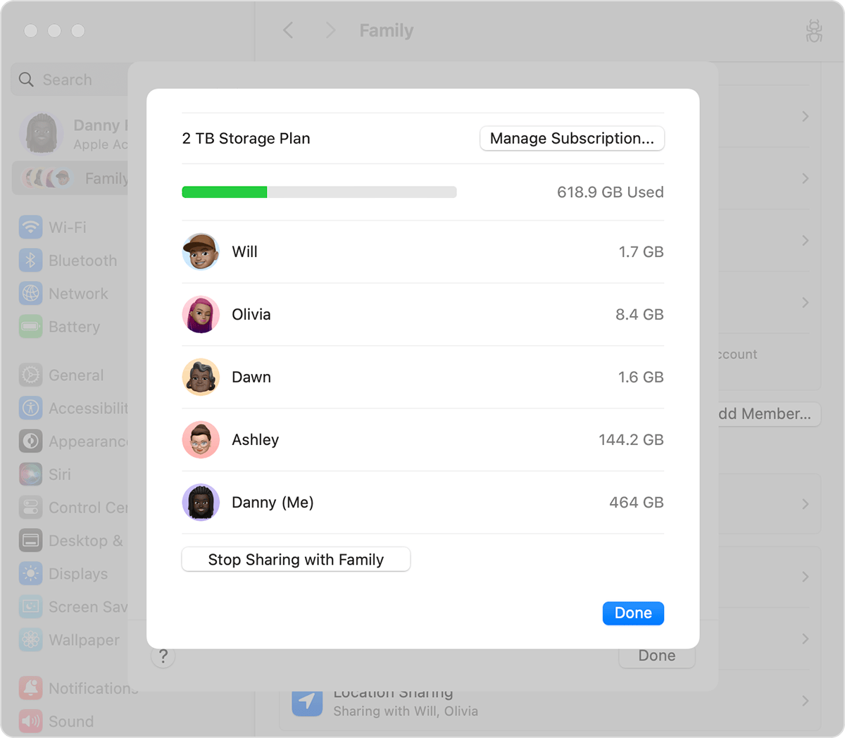 macOS screen showing how much iCloud+ storage your family group is using.