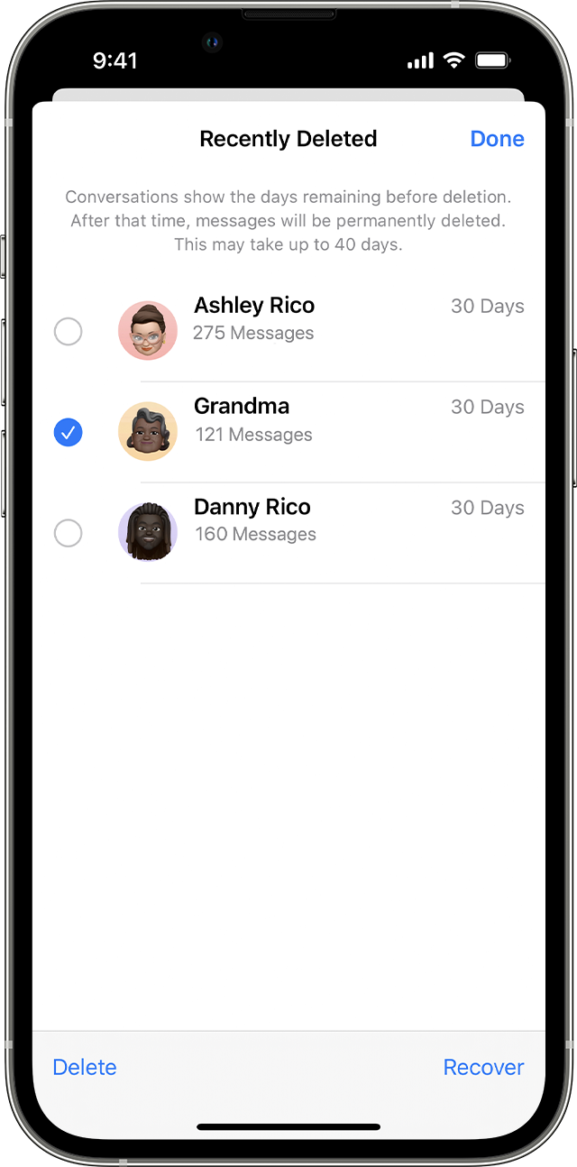 On the Recently Deleted page in Messages, tap the conversation that includes messages you want to recover.