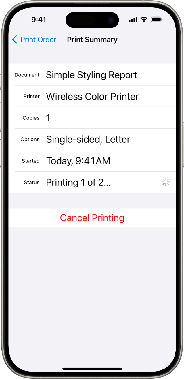 Cancel a print job from Print Summary