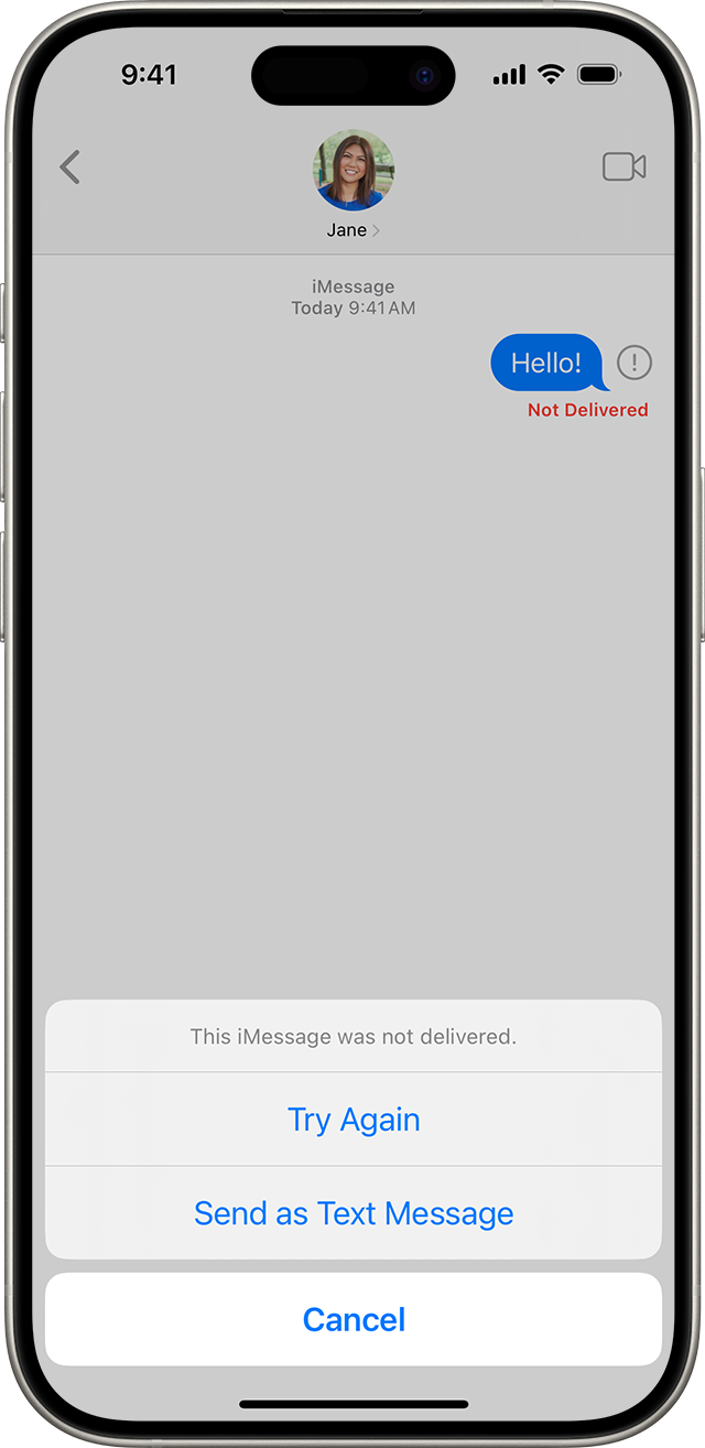 Lorsqu’iMessage ne peut pas envoyer un message, un point d’exclamation rouge s’affiche et vous avez la possibilité de réessayer ou d’envoyer un message texte.