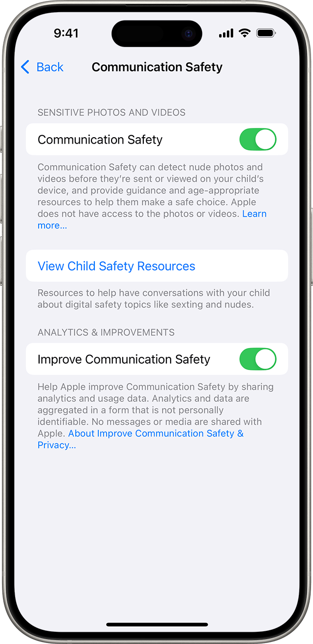 In iPhone settings, turn on Communication Safety.