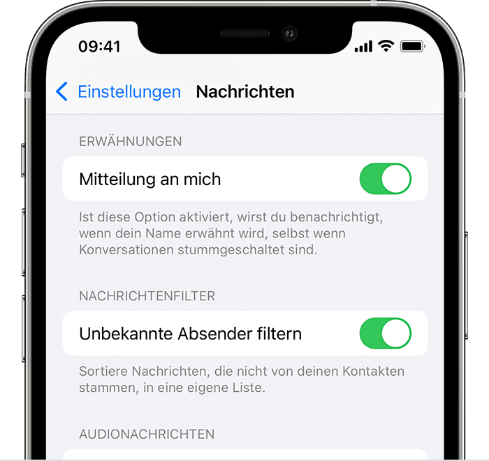 iPhone-Bildschirm, der anzeigt, dass das Filtern unbekannter Absender aktiviert ist