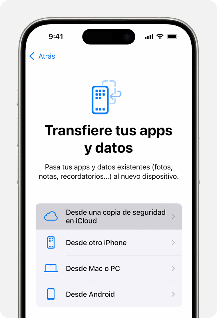 Un iPhone que muestra la copia de seguridad de iCloud como la opción seleccionada