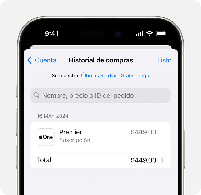 Una imagen que muestra el historial de compras en un iPhone